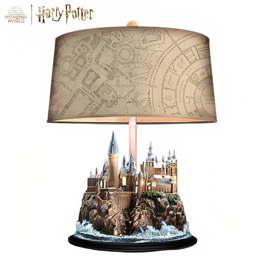 The Bradford Exchange Harry Potter Hogwarts Handcrafted Table Lamp with Illuminated Castle Sculpture Windows and Fabric Lampshade That Reveals Marauder's Map 16"-Inches
