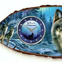 Load image into Gallery viewer, The Bradford Exchange Spirit Of The Wilderness Wall Clock Handcrafted Sliced-Wood Style Featuring Majestic Wolf Artwork and Northern Lights by James Meger 17.7-inches
