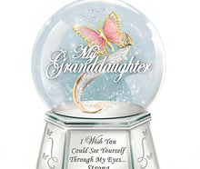 Load image into Gallery viewer, The Bradford Exchange See Yourself Through Granddaughter Mirrored Musical Butterfly Glitter Globe Shimmers Silvery &amp; Hexagonal Base Meaningful Gift 6-inches
