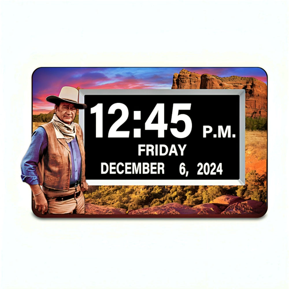 The Bradford Exchange John Wayne Easy-Read Full Disclosure Digital Clock with Iconic Monument Valley Art LED Display with Large 1.5-Inch Digits USB Port and Remote Control Handcrafted Resin Frame with Bas-Relief Details 9.5