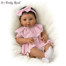 Load image into Gallery viewer, The Ashton-Drake Galleries Camila Lifelike Baby Doll In Custom Outfit RealTouch Vinyl Skin Weighted Cloth Body Hand-rooted Hair Poseable by Sherry Rawn 17-inches - RCE Global Solutions
