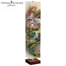 Load image into Gallery viewer, The Bradford Exchange Country Cottage Floor Lamp Serene Nature Art Lamp Expertly Reproduced Kinkade Artwork on All Sides Wood-Tone Base and Wrinkle-Resistant Fabric Shade Hands-Free Floor Switch Includes 2 FREE Energy-Saving Light Bulbs by Thomas Kinkade - RCE Global Solutions
