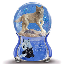 Load image into Gallery viewer, The Bradford Exchange Musical Spirits Within Glitter Globe Collection Issue #10: Spirit Of The Pack Hand-Painted Wolf Sculpture with Heirloom Porcelain Base by Eddie LePage 5.75-inches
