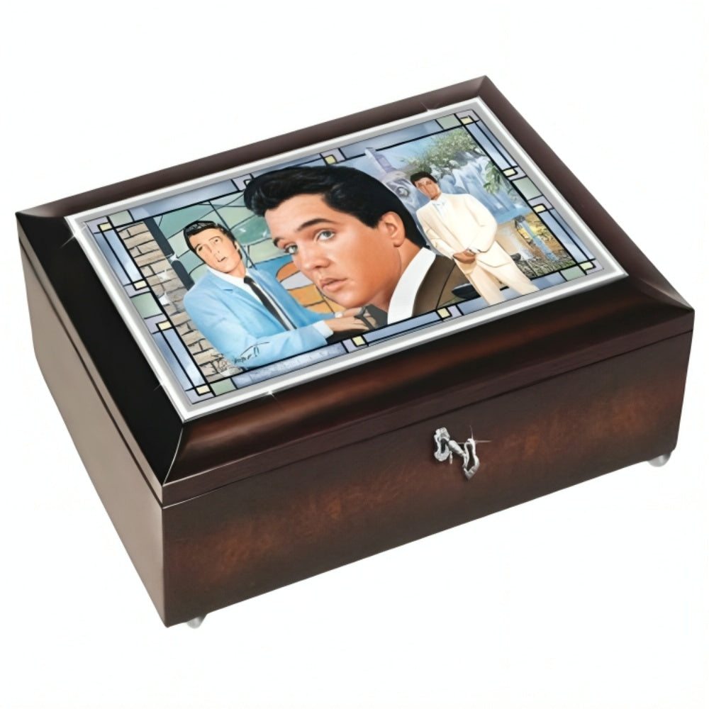 The Bradford Exchange Elvis Presley Amazing Grace Music Box Handcrafted Wooden Keepsake Stained-Glass-Look Lid & Mahogany Finish by Bruce Emmett Artwork 6-inches