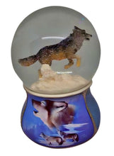 Load image into Gallery viewer, The Bradford Exchange Musical Spirits Within Glitter Globe Collection Issue #9: Blue Brotherhood Hand-Painted Wolf Sculpture with Heirloom Porcelain Base by Eddie LePage 5.75-inches
