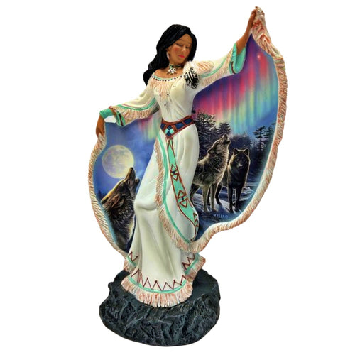 The Bradford Exchange Maidens of the Light Sculpture Collection #5: 'Night Music' Illuminated Sculpture Hand-Painted Indigenous-Inspired Figurine with Wolf Art by James Meger 8-inches - RCE Global Solutions
