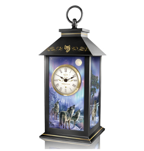 The Bradford Exchange Spirit Of Wilderness LED Lantern Clock Reflecting the Aurora Borealis Golden Wolf Silhouette by James Meger 12-inches - RCE Global Solutions