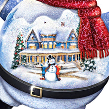 Load image into Gallery viewer, The Bradford Exchange Thomas Kinkade Snow Bellies Snowglobe Collection Issue #1 “Snow Day” Illuminated Snowman Village Scene 7-inches
