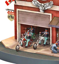 Load image into Gallery viewer, The Bradford Exchange Freedom Choppers Motorcycle Garage Cuckoo Clock with Canadian Flags Quartz Movement Light-Up Chopper Design Sculpted Eagle Piston Weights and Revving Motors Light Show on the Hour 17.25-inches
