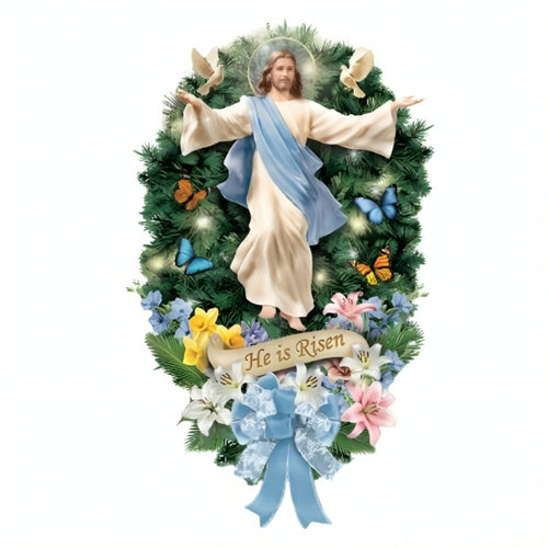The Bradford Exchange Thomas Kinkade He Is Risen Illuminated Easter Wreath Teardrop-Shaped Christian Wall Décor with LED Lights, Jesus Figure, Floral Accents & 24-Hour Timer 18-inches