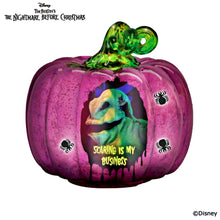 Load image into Gallery viewer, The Bradford Exchange Disney Tim Burton's Nightmare Before Christmas Illuminated Glass Pumpkin Sculpture Collection Issue #3 Scaring is My Business With Authentic Movie Character Artwork, LED lights, Glitter Accents Halloween Decor 9-inches
