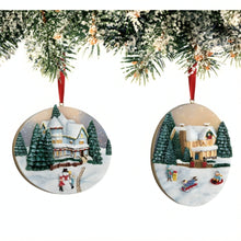 Load image into Gallery viewer, The Bradford Exchange Art Sculpted Christmas Ornaments Collection Issue #1: Snowy Day Art Sculpted Hand-Painted Holiday Village with Ribbon Hangers Collectible Christmas Tree Decor by Thomas Kinkade 4-inches
