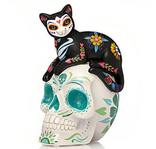 The Hamilton Collection Fur Ever Joyful A Fur-ever Love Sugar Skull Cat Collection Issue #3 Handcrafted Dia de los Muertos Art with Glow-in-the-Dark Accents Adorned & Hand-Set Faux Jewels Figurine 5.25-inches - RCE Global Solutions