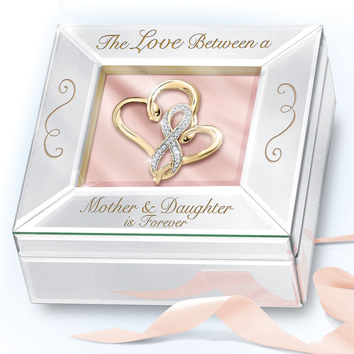 The Bradford Exchange Mother and Daughter Music Box Handcrafted of Mirrored, Beveled Glass with Two 14K Gold-Plated Hearts Intertwine Plays 