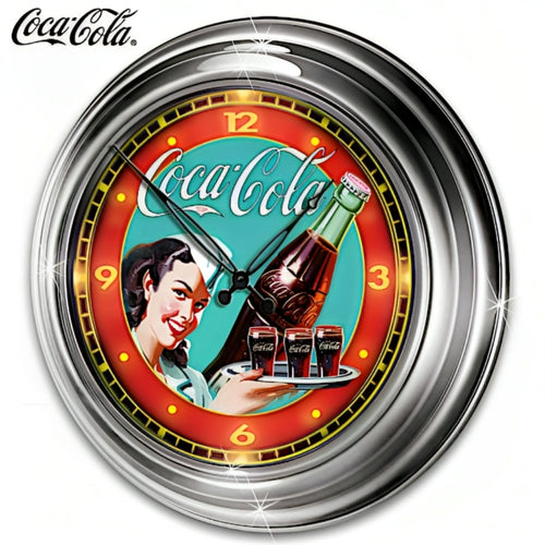 The Bradford Exchange COCA-COLA Atomic Wall Clock Vintage COKE® Artwork Officially Licensed Self-Setting and Always Accurate Lights Up Automatically with Energy-Efficient LEDs Weather-Resistant Chrome Housing Perfect for Indoor or Outdoor COCA-COLA Decor - RCE Global Solutions