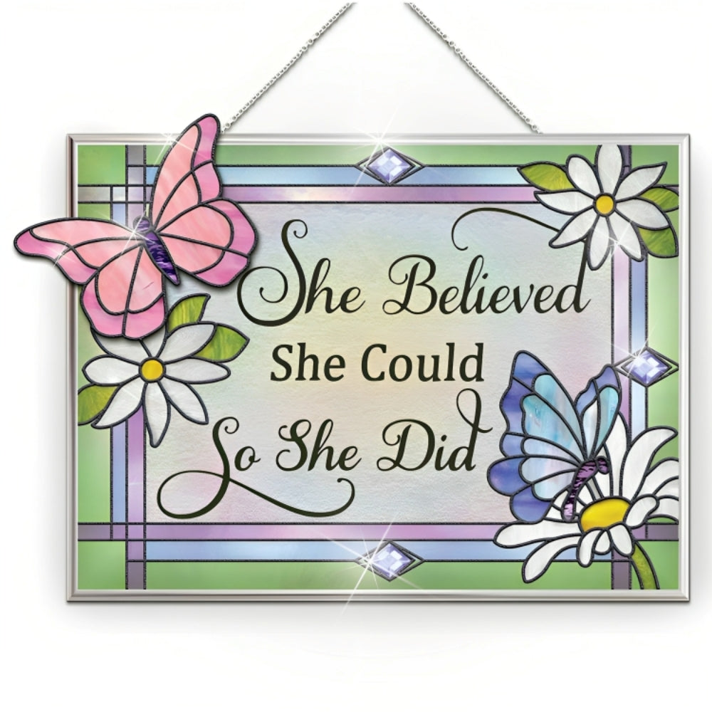 The Bradford Exchange She Believed She Could Suncatcher Handcrafted Blossoms and Butterfly Inspirational Home Decor Designs and Perfect Gift for Strong Women Stained Glass Artwork Inspired by Louis Comfort Tiffany 7