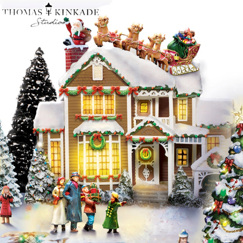 The Bradford Exchange Up On the Housetop Thomas Kinkade Sounds of The Season Village Collection Issue #1 Hawthorne Village Division with LED Lights and Melodies Handcrafted Holiday Village Christmas Decoration Includes FREE Family Figurines