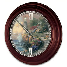 Load image into Gallery viewer, The Bradford Exchange Light of Peace Wall Clock Lighthouse Decor Atomic Clock with Copper-Toned Metal Housing Self-Setting Illuminating Artisan Hand-Applied Artwork Coastal Cottage Features The Light of Peace Scene by Thomas Kinkade 14" D - RCE Global Solutions
