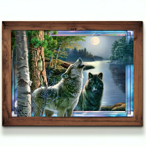 The Bradford Exchange Moonlight Calling Guardians of the Wild Wall Decor Collection Issue #2 Illuminated Stained-Glass Wolf Pack Series Expertly Fused Genuine Glass with Rustic Wooden Frame and Remote-Controlled LED Lighting by James Meger 10.75" W x 8" H