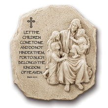 Load image into Gallery viewer, The Bradford Exchange Cornerstones of Faith Wall Decor Collection Issue #5 Let The Children Come To Me Jesus Christ Religious Plaque with Biblical Inscription Ancient Stone Look Christian Wall Art 8.75-Inches
