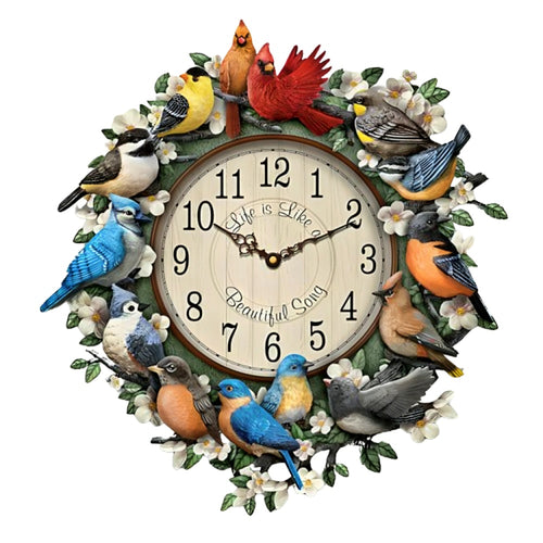The Bradford Exchange Songbird Melodies Wall Clock with Sculpted and Hand-Painted Resin Birds with Wooden Frame Plays 12 Authentic Bird Songs Hourly Featuring 12 Bird Species and Floral Accents 12" D