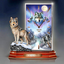 Load image into Gallery viewer, The Bradford Exchange Call of the Wild Wolf Aurora Borealis Sculptural LED Quartz Clock by James Meger 9.5-inches

