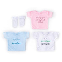 Load image into Gallery viewer, Ashton-Drake Three T-Shirts and One Pair of Socks Baby Doll Accessory Set Featuring A Customized Expression On Each Shirt - RCE Global Solutions
