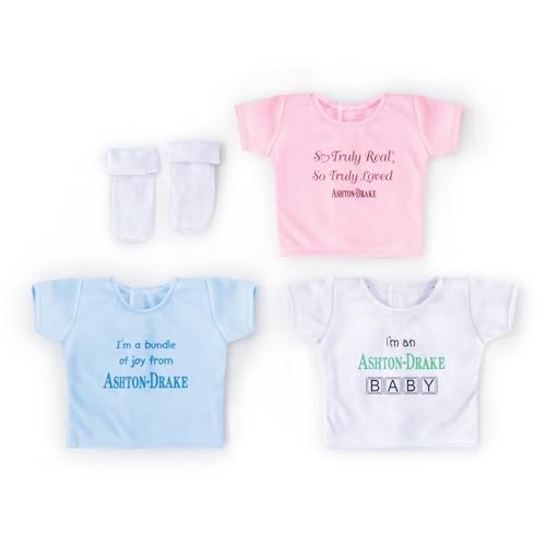 Ashton-Drake Three T-Shirts and One Pair of Socks Baby Doll Accessory Set Featuring A Customized Expression On Each Shirt - RCE Global Solutions