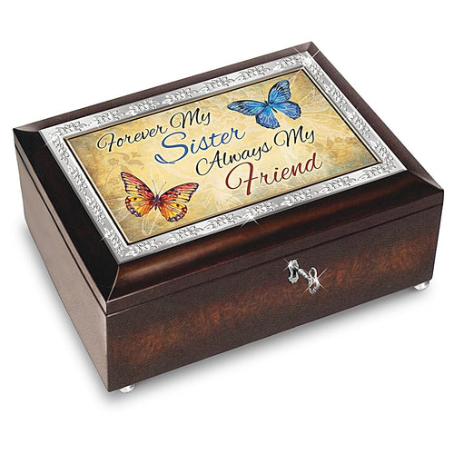 The Bradford Exchange Forever My Sister, Always My Friend Music Box with Poem Card Handcrafted Mahogany-Finished with Butterfly Art Plays 