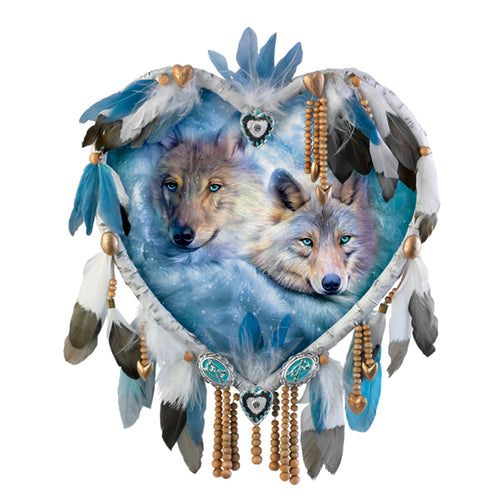 The Bradford Exchange True Hearts Dreamcatcher Collection Issue #3: 'Awakening Dreams' Wolf Artwork Heart-Shaped Resin Frame with Real Leather Feathers and Beads by Carol Cavalaris 9.5-Inches - RCE Global Solutions