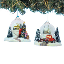 Load image into Gallery viewer, The Bradford Exchange Joy To The World Christmas Ornament Set #4 2 Piece Lighted Glass Globe with Snowy Holiday Home Scenes Holiday Home Decor by Thomas Kinkade 3-inches
