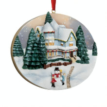Load image into Gallery viewer, The Bradford Exchange Art Sculpted Christmas Ornaments Collection Issue #1: Snowy Day Art Sculpted Hand-Painted Holiday Village with Ribbon Hangers Collectible Christmas Tree Decor by Thomas Kinkade 4-inches

