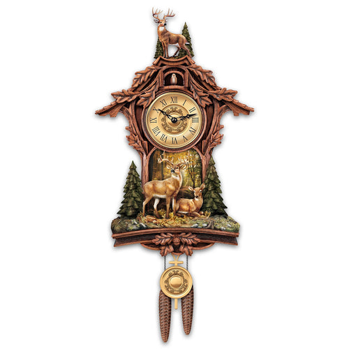 The Bradford Exchange Whitetail Gathering Handcrafted Nature Wall Cuckoo Clock With Sculpted Deer Topped By a 10 Point Buck Sculpture Swinging Metal Pendulum and Pine Cone Weights 24"-Inches