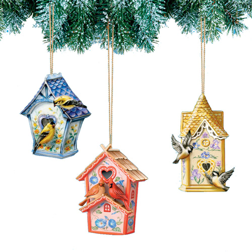 The Bradford Exchange Cozy Cottages Birdhouse Christmas Decor Ornaments Set of 3 with Cardinals, Goldfinches and Chickadees 3.5