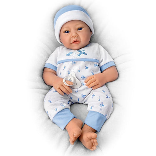 The Ashton - Drake Galleries New To The Crew Baby Boy Doll Weighted Poseable TrueTouch® Authentic Silicone with Helicopter Pacifier and Outfit by Michelle Fagan 18-inches - RCE Global Solutions
