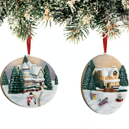 The Bradford Exchange Art Sculpted Christmas Ornaments Collection Issue #1: Snowy Day Art Sculpted Hand-Painted Holiday Village with Ribbon Hangers Collectible Christmas Tree Decor by Thomas Kinkade 4-inches