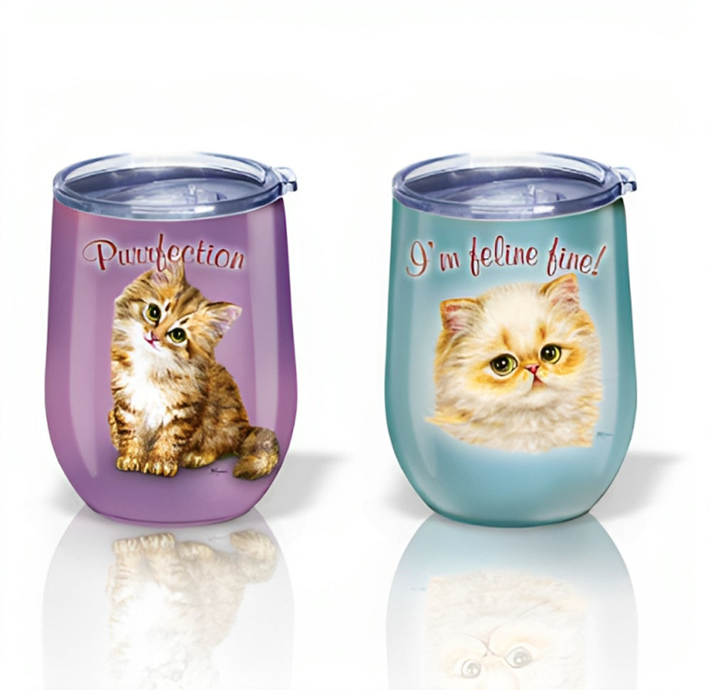 The Bradford Exchange Feline Fine Tumblers Drinkware Collection Issue #1 Indulge in Purrfection Stainless Steel Showcase Adorable Kitten Art by Kayomi Harai 4.5-inches - RCE Global Solutions