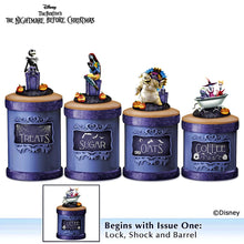 Load image into Gallery viewer, The Bradford Exchange Disney Tim Burton&#39;s The Nightmare Before Christmas Canister Collection Issue #1 Lock Shock and Barrel Handcrafted Stoneware Canister with Ingredient Labels Sculptural Lid and Spooky Details 11-inches
