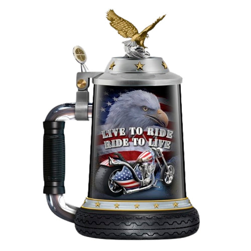 The Bradford Exchange American Spirit Motorcycle Stein Collection: Ride Hard, Live Free Issue #1 Heirloom Porcelain Stein by Marc Lacourciere & Larry Martin - 9-Inch Heirloom Porcelain Stein - RCE Global Solutions