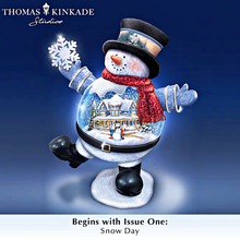 Load image into Gallery viewer, The Bradford Exchange Thomas Kinkade Snow Bellies Snowglobe Collection Issue #1 “Snow Day” Illuminated Snowman Village Scene 7-inches

