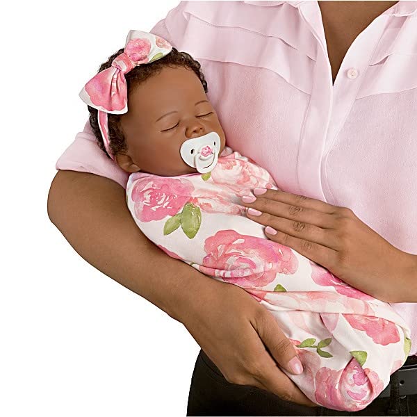 The Ashton-Drake Galleries Flora African American Black Baby Doll with Custom Swaddle Blanket 19-inches - RCE Global Solutions