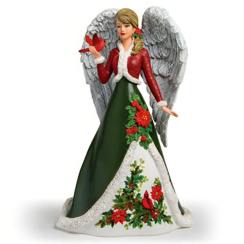 The Hamilton Collection Brilliant Devotion Angel and Cardinal Figurine Hand-Painted Sculpture with Iridescent Glitter Wings Fur-Look Trim and Sculpted Floral Accents Issue #11 Angels of Comfort and Joy Figurine Collection 7.5-inches