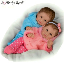 Load image into Gallery viewer, The Ashton-Drake Galleries Built-In Best Friends Twin Baby Collectible Doll Set Realistic Dolls with Hand-Painted RealTouch® Vinyl Skin Poseable Soft Hand-Rooted Hair Cozy Faux Fur Jackets with Puppy and Kitty Outfits by Ping Lau 15-inches
