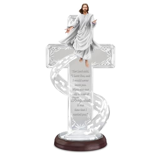 The Bradford Exchange Walking In Grace Illuminated Footprints In The Sand Cross Religious Sculpture Limited Edition Crystal Cross with Multi-Faceted Design Etched 'Footprints in the Sand' Poem & Handcrafted Figure of Jesus 11-Inches - RCE Global Solutions