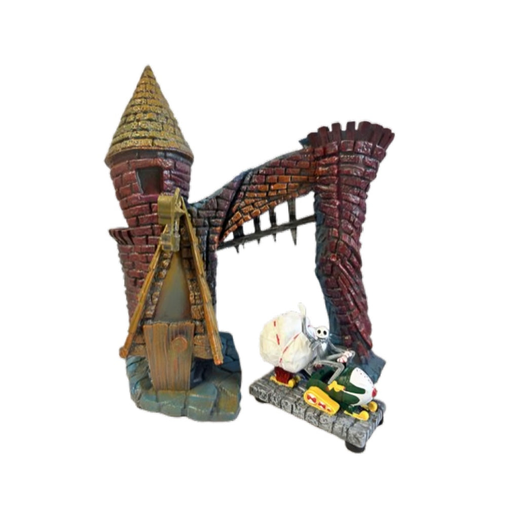 The Bradford Exchange Disney's Tim Burton’s The Nightmare Before Christmas Village Collection Issue #35 Town Gate with Jack Snowmobile Figurine Handcrafted & Glows Under Black Light 7-Inches