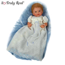 Load image into Gallery viewer, The Ashton-Drake Galleries Child of God Baby Doll RealTouch Vinyl Hand-Rooted Hair White Lace Dress Cross Bracelet Collectible Doll by Master Doll Artist Violet Parker 17 -inches
