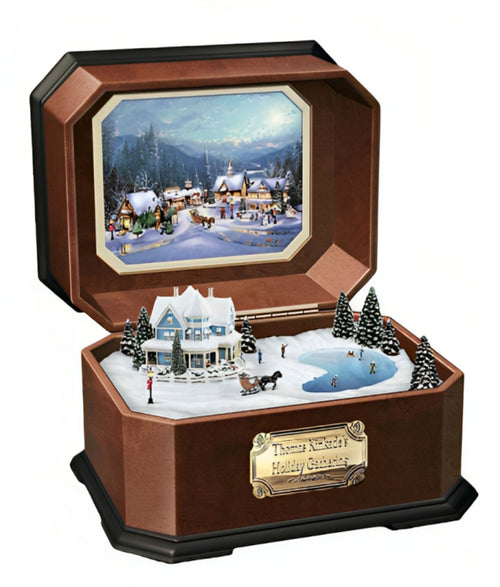 The Bradford Exchange Holiday Gathering Music Box Hand-Crafted and Hand-Painted Miniature Artwork in a Beveled-Corner Mahogany-Finished Box Plays "I'll Be Home for Christmas" Picturesque Village Artwork Christmas Decoration by Thomas Kinkade 17 cm W