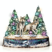 Load image into Gallery viewer, The Bradford Exchange The Guardians of the Night Votive Wolves Centerpiece Handcrafted &amp; Hand-painted Decorative Illuminated Sculpture 8-inches
