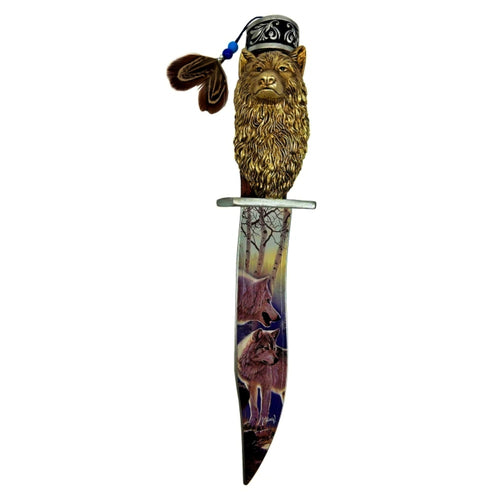 The Bradford Exchange Strength of the Wolf Knife Wall Decor Collection Issue #3: Majestic Companions Knife Hand-Painted Sculptural Handle with Beads and Feathers Featuring Full-Color Wolf Art by Al Agnew 11-inches - RCE Global Solutions