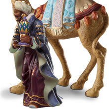 Load image into Gallery viewer, The Bradford Exchange Thomas Kinkade Nativity Collection Issue #5 King Balthazar With Camel Porcelain Figurine with 22K Gold Accents Handcrafted Christmas Nativity Collectible by Hawthorne Village 9-Inches
